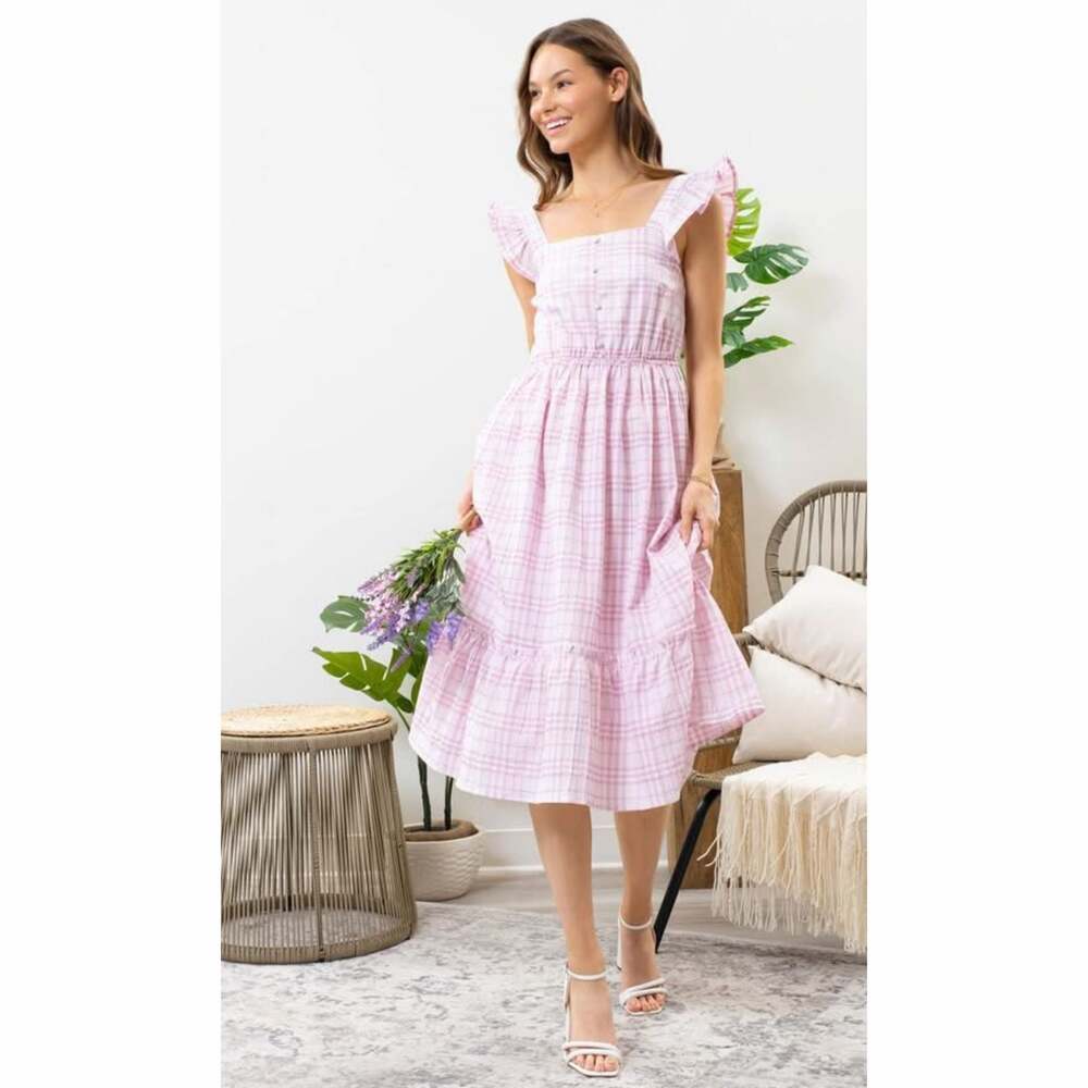 By the River Pink Plaid Flutter Sleeve Smocked Midi Dress